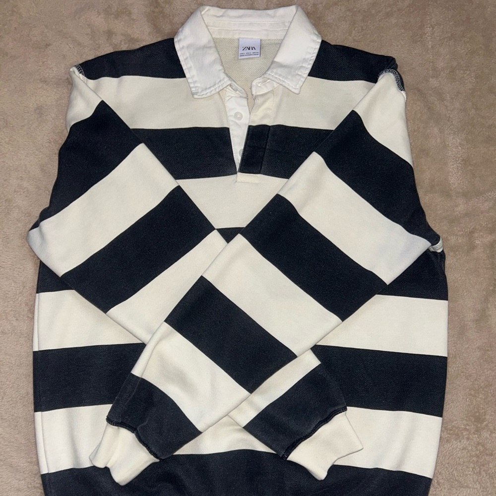 Zara Rugby Shirt | Grey/Blue and White Stripes | Small